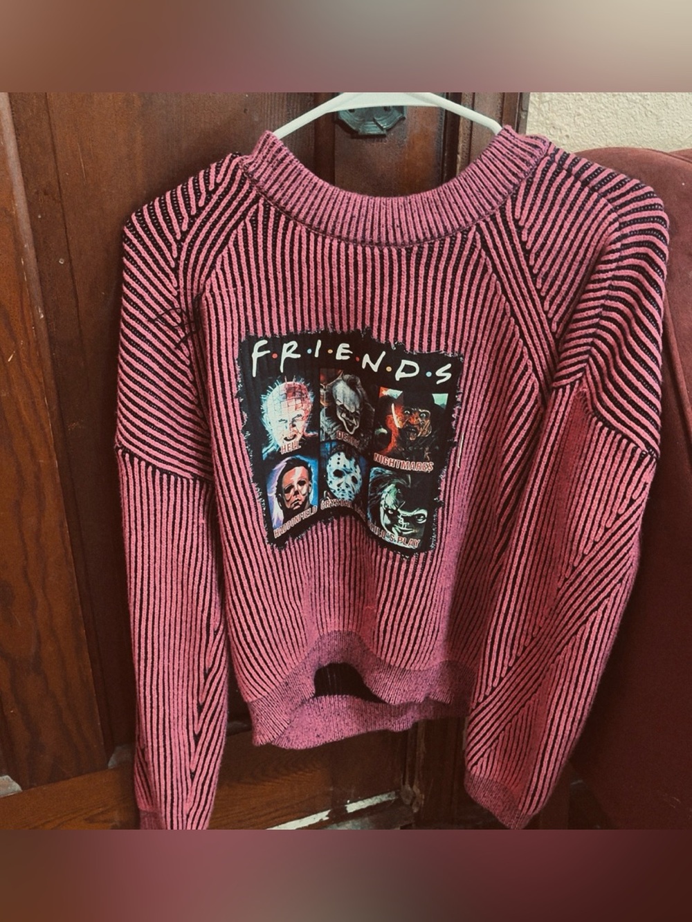 Pink Striped Crewneck Sweater with Graphic Horror Panel